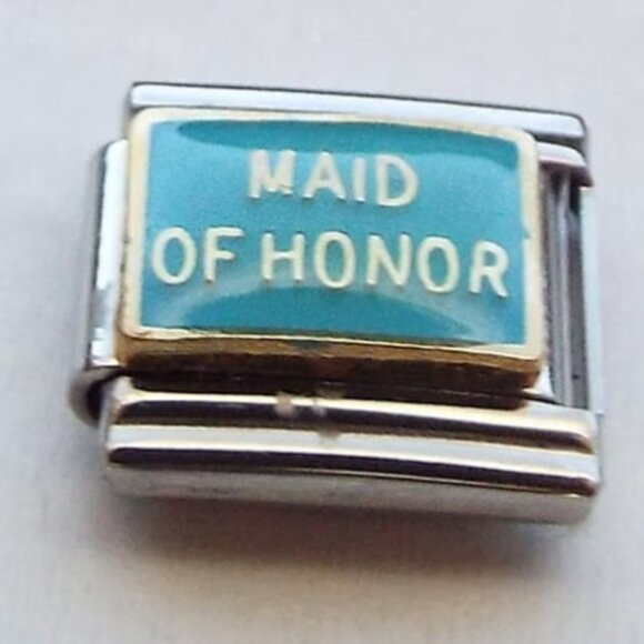 Maid of Honor on blue enamel 9mm stainless steel Italian charm bracelet link new - Picture 1 of 2